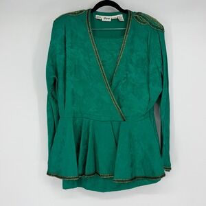 Vintage d'ore Emerald Green 100% Silk Beaded Peplum Top & Skirt Set Size 12